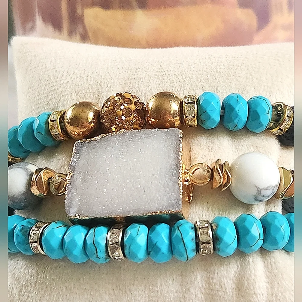 NWT Ryze Natural Lava Stone, Druzy, Larvikite, & Turquoise Bead Staxx Bracelets - Picture 3 of 6